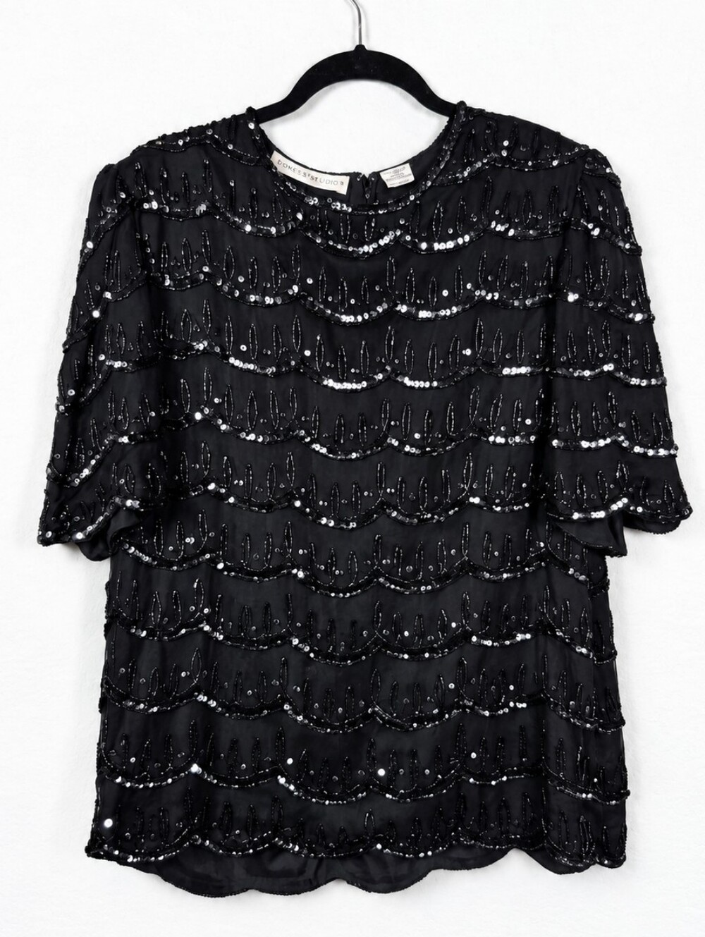 Vintage SCALA XXL 100% Silk Beaded Sequin Blouse 90s Glam Art Deco Evening